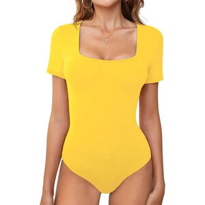 Women Yellow Short Sleeve Bodysuits Square Stretchy Slim Body Suit Jumpsuit
